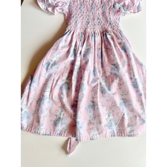 Vintage POLLY FLINDERS Pink Floral Polycotton Smocked Fit & Flare Dress, Size 7 - Picture 6 of 9
